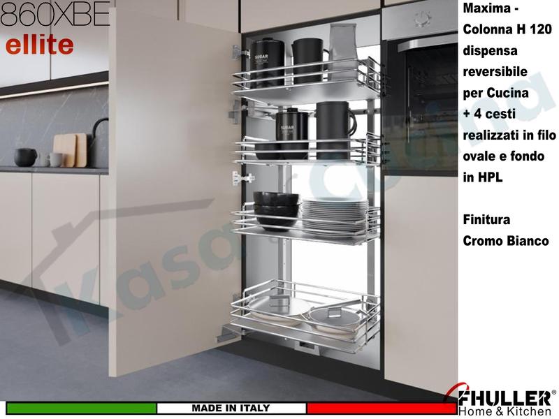 Colonna Dispensa Reversibile ELLITE 860XBE H.120 + 4 Cesti Larg. Da 15 a 75 Cromo Bianco