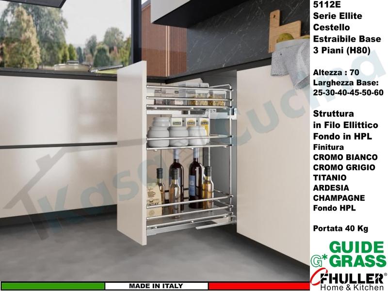 Cestello FHULLER Base 5112EY (H80) ELLITE Estraibile 3 Ripiani da 25 Prof.45 Vedi Colore