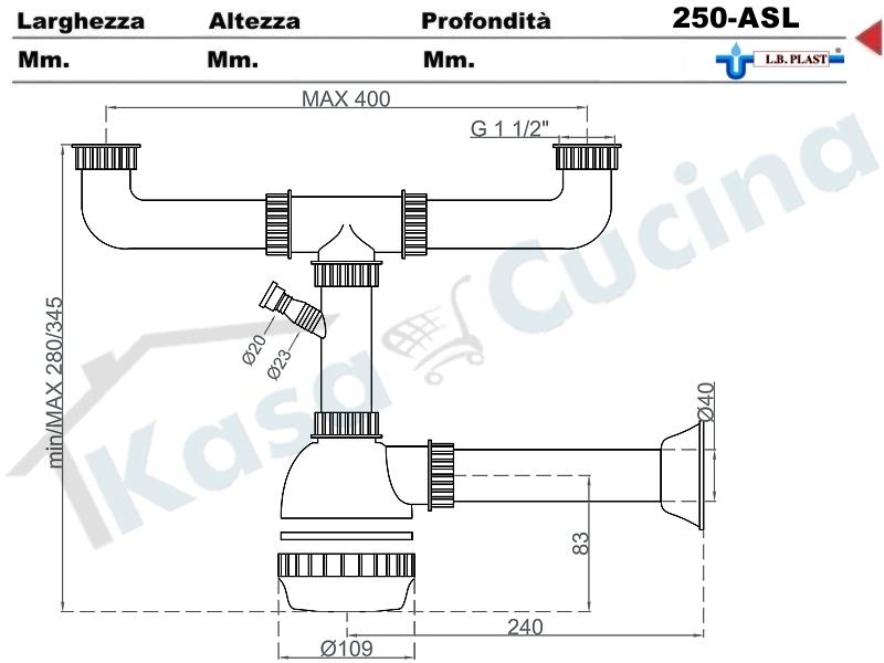 Sifone 2 via a fiasca L.B.PLAST 250-ALS con attacco lavastoviglie e uscita  a muro per lavabo lavello cucina incasso - ingresso 1 tubo scarico diam. 40