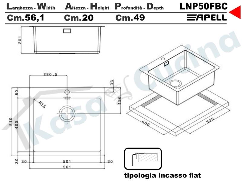 Lavello Incasso FHULLER Tekno Plus Acciaio Sp 10/10 Filo Top 56X51 1 V.H 21,5
