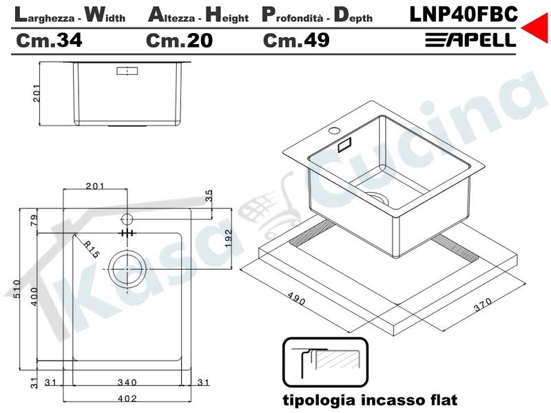 Lavello da Incasso Linear Plus Flat cm. 40x51 in Acciaio Inox 1 Vasca