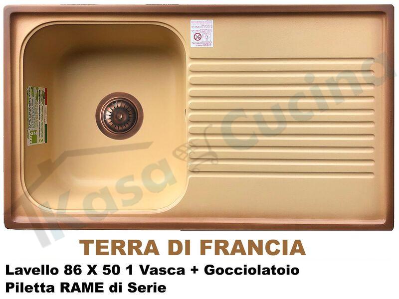 Lavello Plados Telma FT08610 02 86X50 1 V + Gocc.Terra di Francia + Piletta Rame