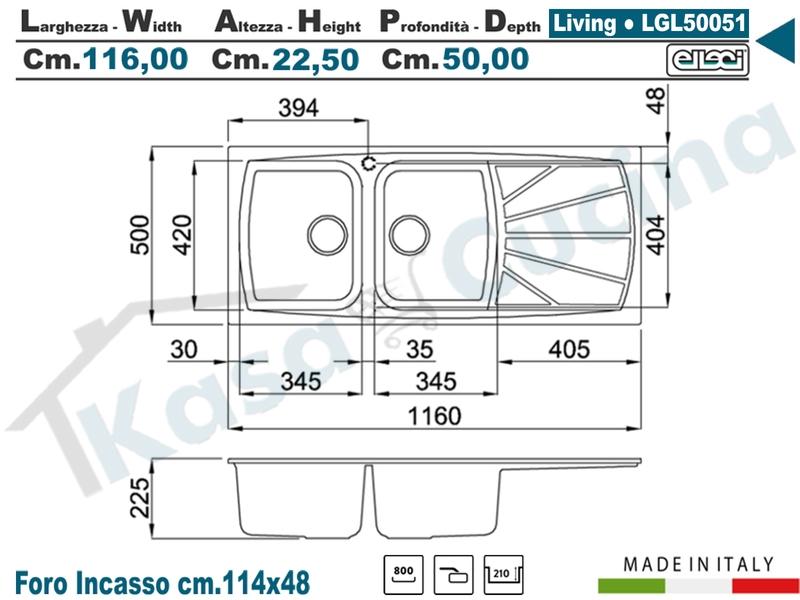 Lavello Elleci Living 500. 116X50 2 Vasche Granitek Classic® G51 Avena