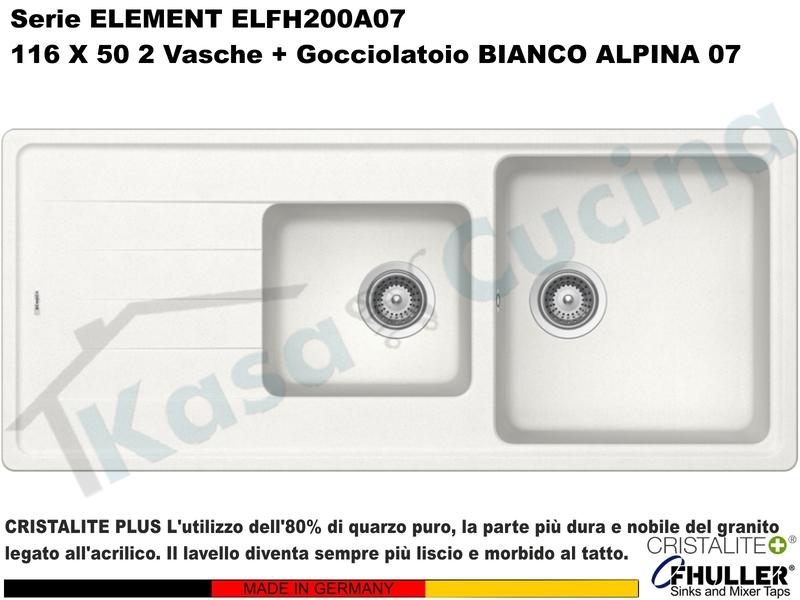 Lavello Element ELFH200A07 116X50 2 Vasche + Gocciolatoio Cristalite® A07 BIANCO ALPINA