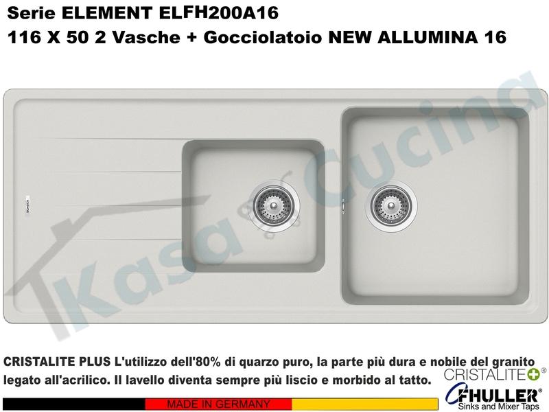 Lavello Element ELFH200A16 116X50 2 Vasche + Gocciolatoio Cristalite® A16 NEW ALUMINA