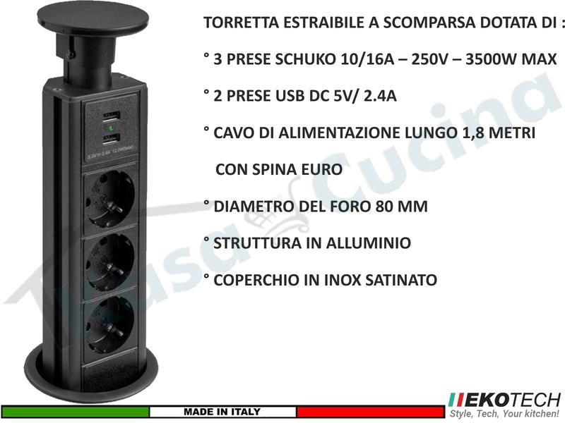 Torretta Multipresa Estraibile a Scomparsa Incasso con 3 Prese e 2 USB Nera