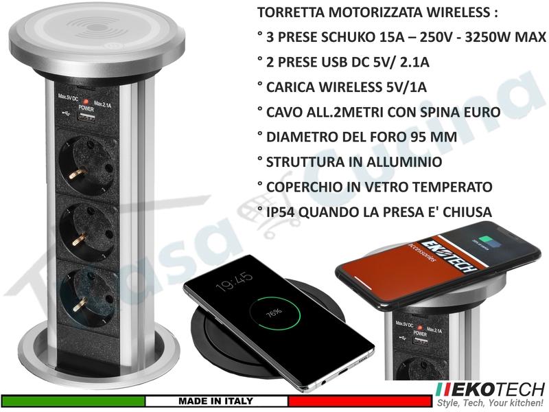 Torretta Multipresa Estraibil Motorizzata 3 Prese 2 USB Ricarica Wireless Grigia