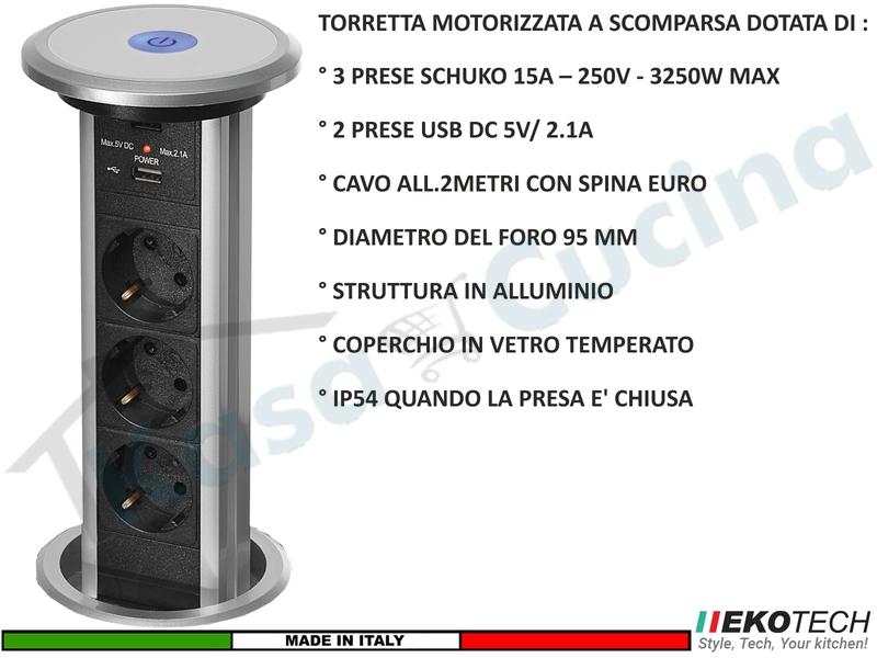 Torretta Multipres Estraibile Motorizzata a Scomparsa con 3 Prese e 2 USB Grigia