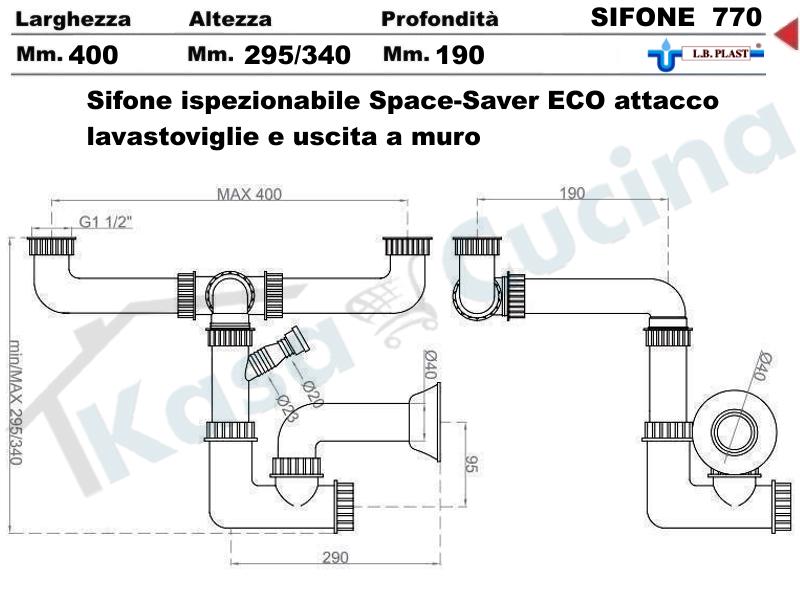 Sifone 2 via ispezionabile Space-sever L.B.PLAST 770 con attacco lavastoviglie e uscita a muro per lavabo lavello cucina incasso - ingresso 1 tubo scarico diam. 40