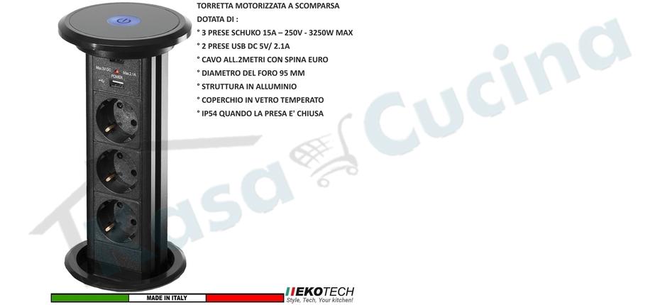 Torretta Multipresa Estraibile Motorizzata a Scomparsa con 3 Prese e 2 USB Nera