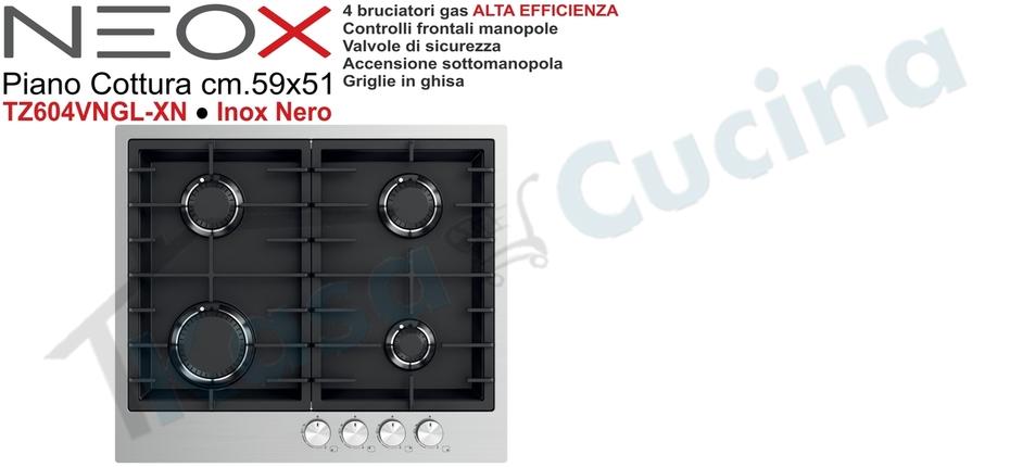 Piano Cottura Incasso cm. 60 Nero Inox Twin Line 4 Fuochi Gas Alta Efficienza