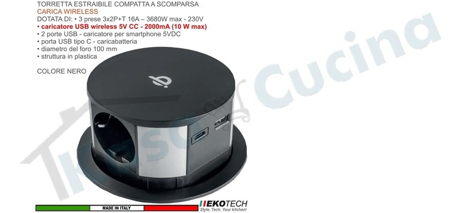 Torretta Multipresa Estraibile a Scomparsa 3 Prese 2 USB Ricarica Wireless Nera